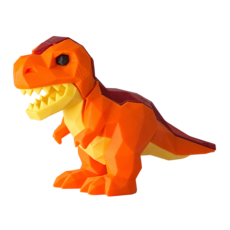 Orange 3D printed baby T-Rex figurine with dark red back and low-poly design