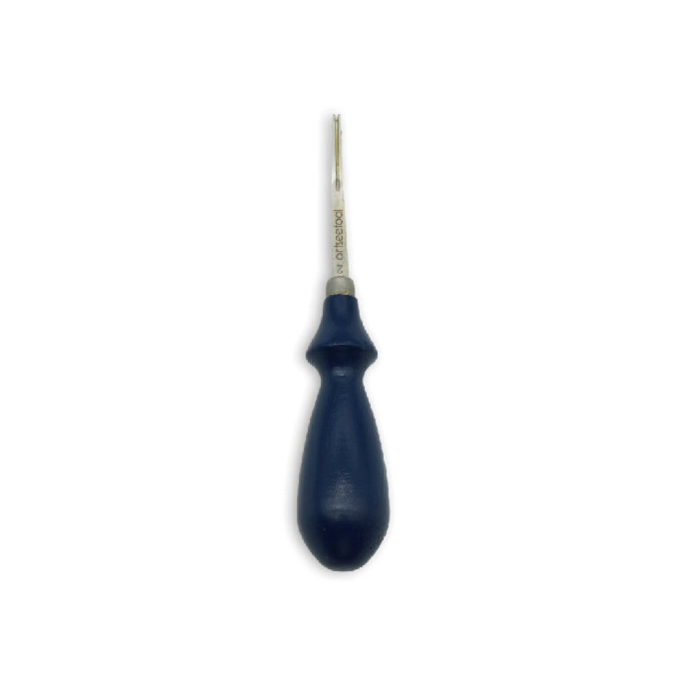 Leather edger tool with blue handle for precision edge beveling and leathercrafting