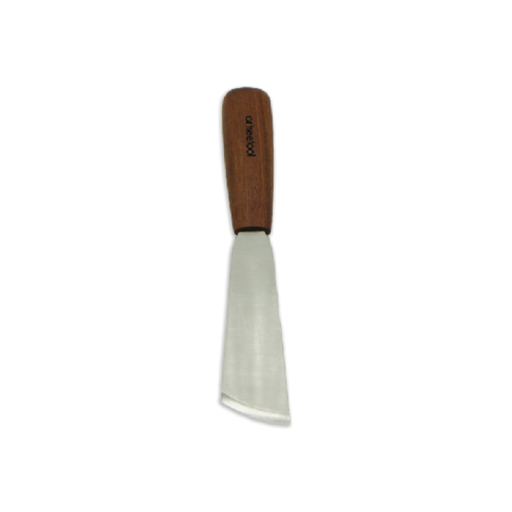 Angled leather skiving knife with wooden handle for precision leathercutting and craft projects