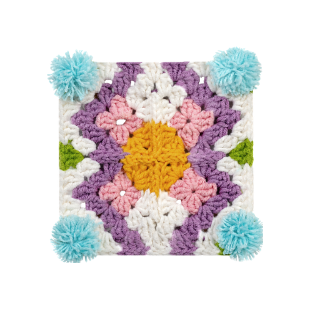 Dreamy pom-pom granny square crochet DIY craft kit for handmade blankets and bags