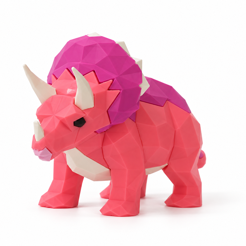 Pink 3D printed low-poly Triceratops figurine with purple frill and light-colored horns