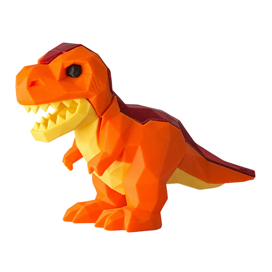 Orange 3D printed baby T-Rex figurine with dark red back and low-poly design
