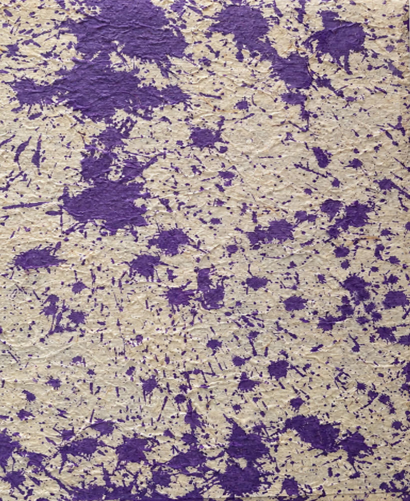 Purple speckle-dyed handmade art paper sheet with organic decorative pattern
