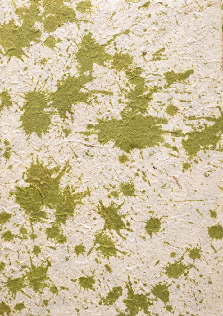 Green splatter handmade paper sheet with fibrous texture and abstract olive-green pattern