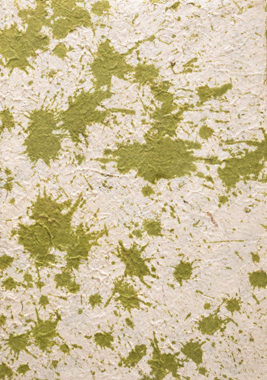 Green splatter handmade paper sheet with fibrous texture and abstract olive-green pattern