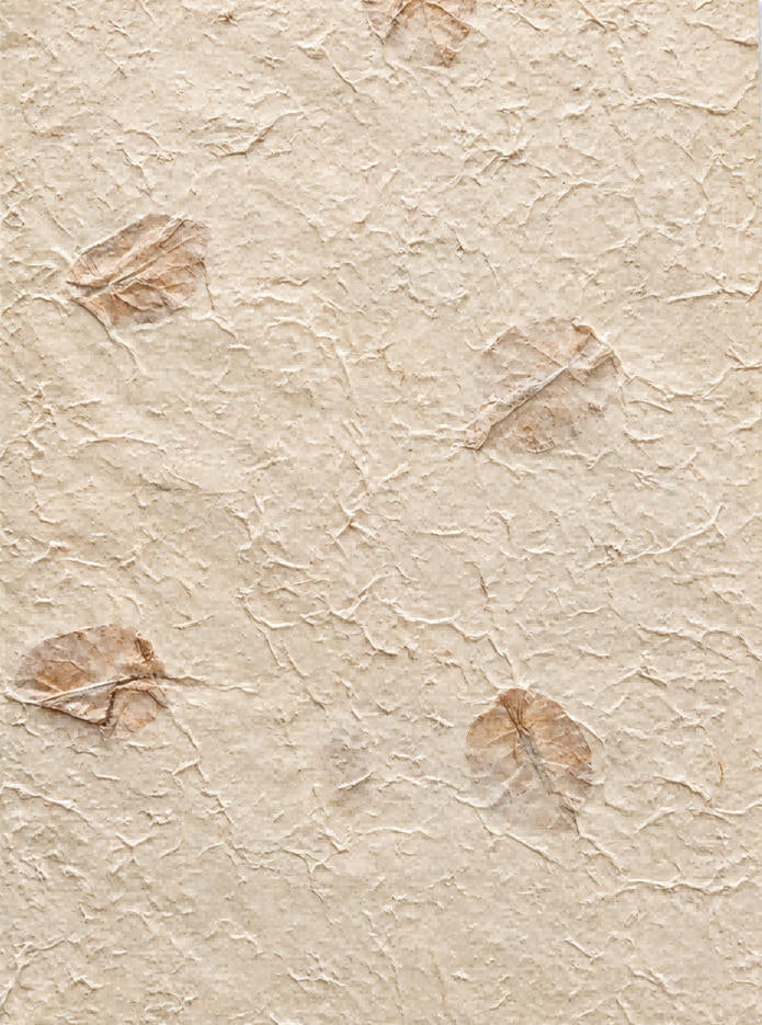 Handmade botanical paper with pressed red flowers, visible natural fibers and a softly textured surface
