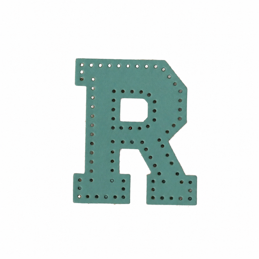 Pre-punched vegetable-tanned leather letter R DIY craft kit for monogram bag charm